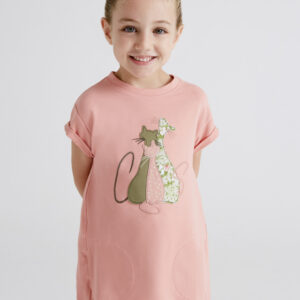 Kurzarm Kleid bestickt mit Katzen-Motiv Rosé